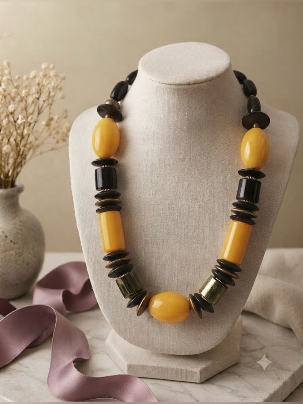 Vintage Chunky Bakelite Statement Necklace Egg Yolk Butterscotch Spinach Green